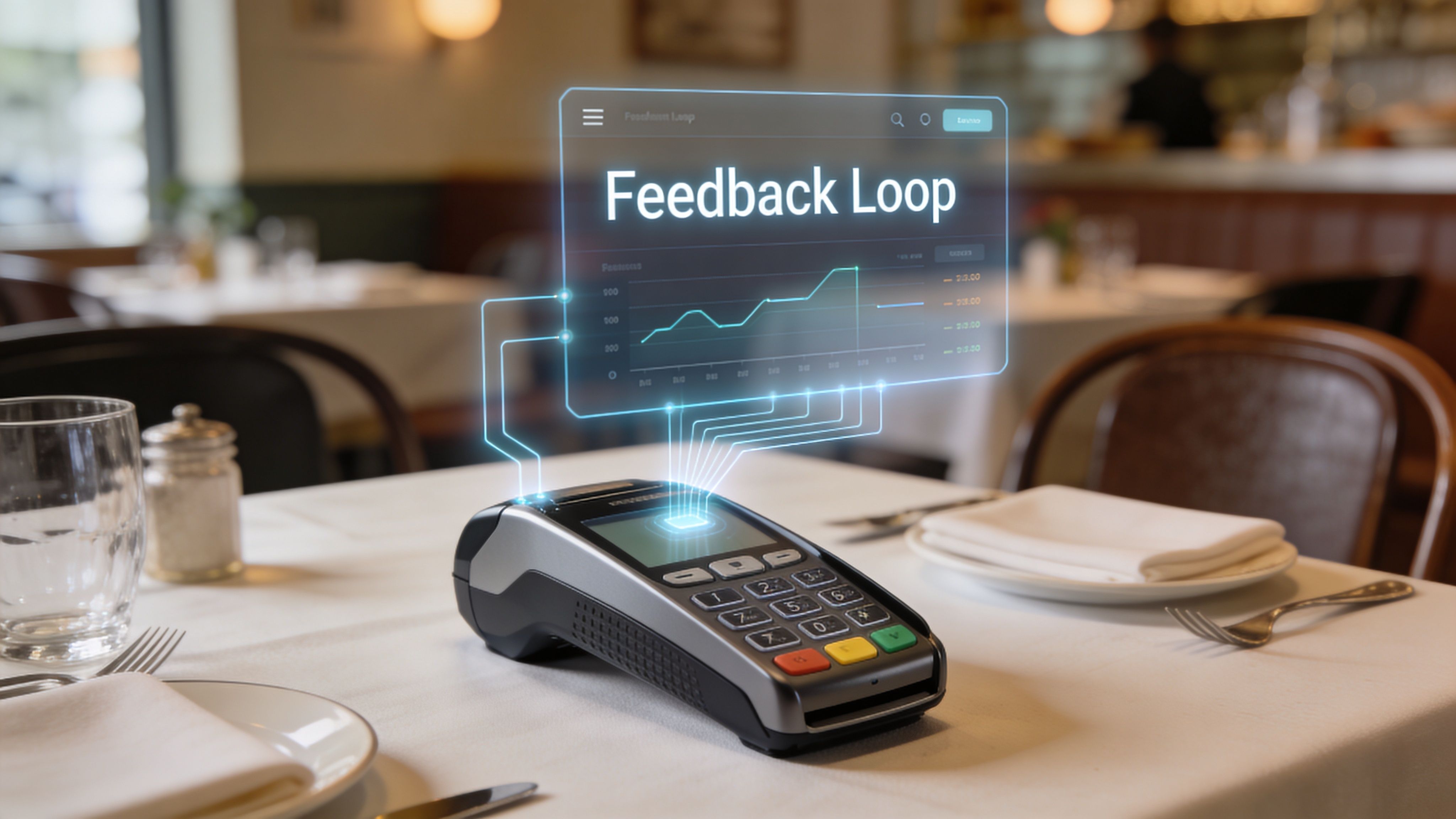 A futuristic digital feedback loop hologram floating above a credit card payment terminal on a restaurant table.