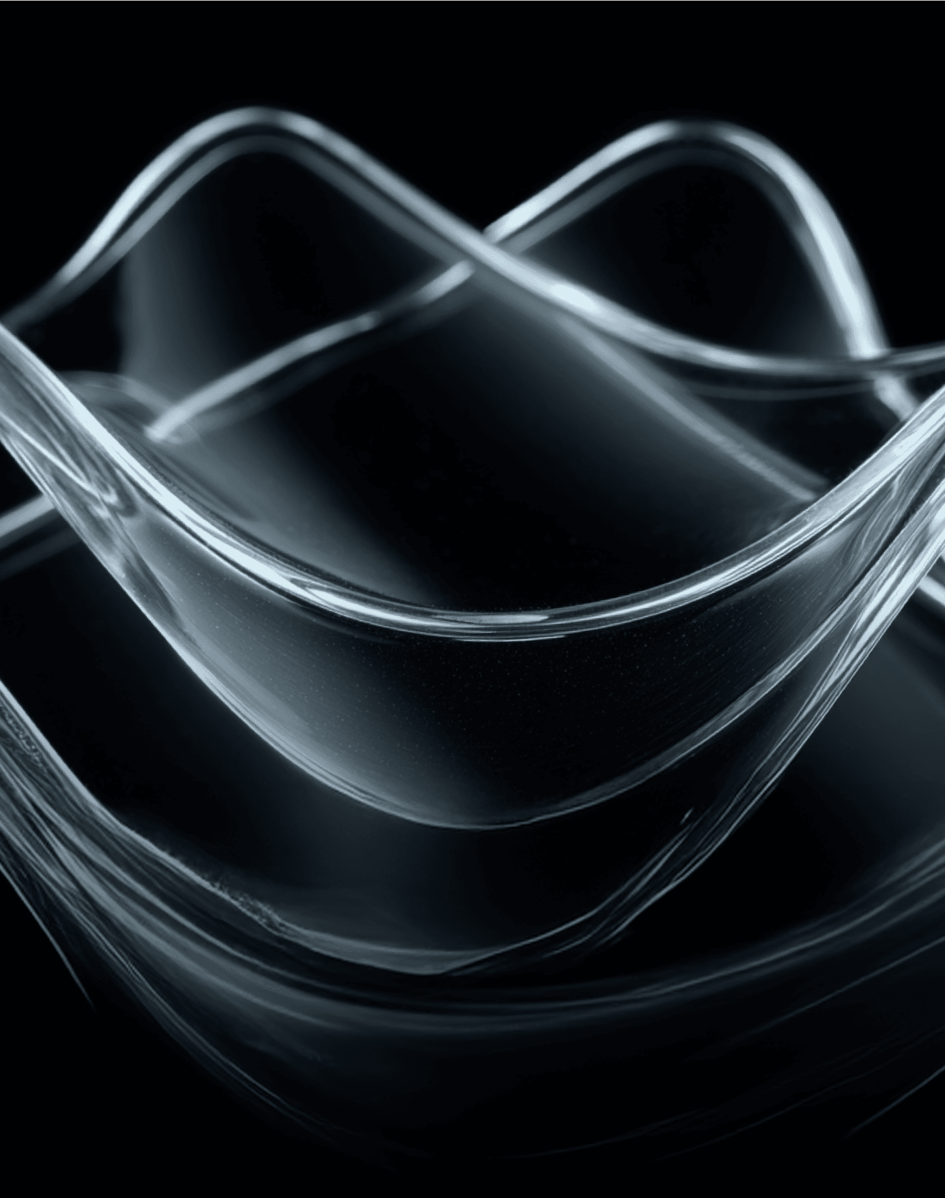 Dynamic, translucent curves intersecting in rhythmic layers, suggesting vibration and continuity in a dark setting.