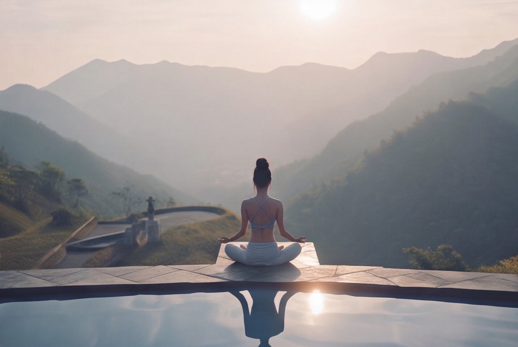 Back view of a woman meditating in a cross-legged pose on a platform over an infinity pool overlooking mountain ranges at sunset.