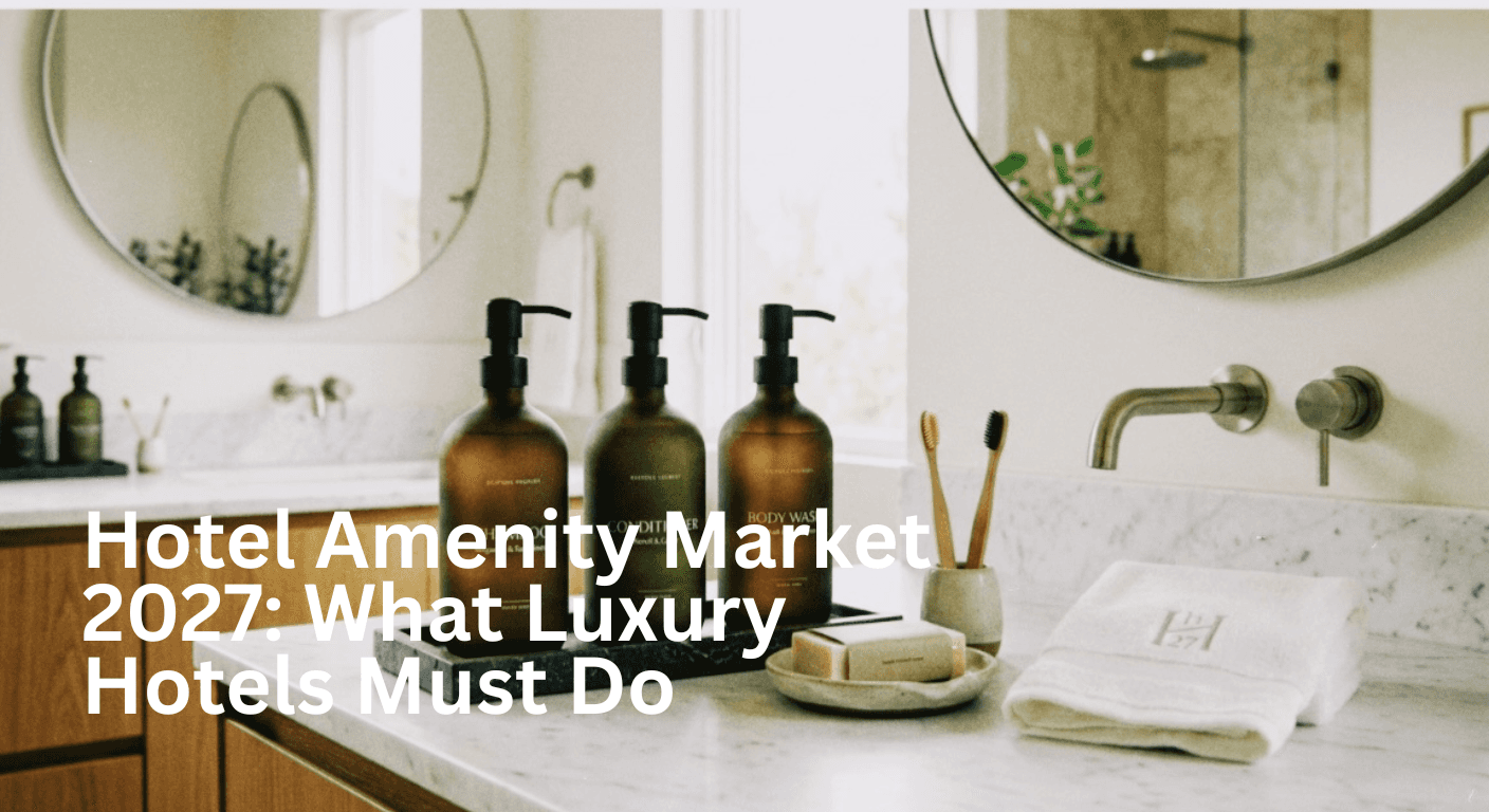 Elegant bathroom scene with three amber bottles labeled shampoo, conditioner, and body wash on a marble countertop. Nearby are two toothbrushes in a holder, a soap dish, and a folded towel. A round mirror and soft lighting evoke a serene, spa-like ambiance.