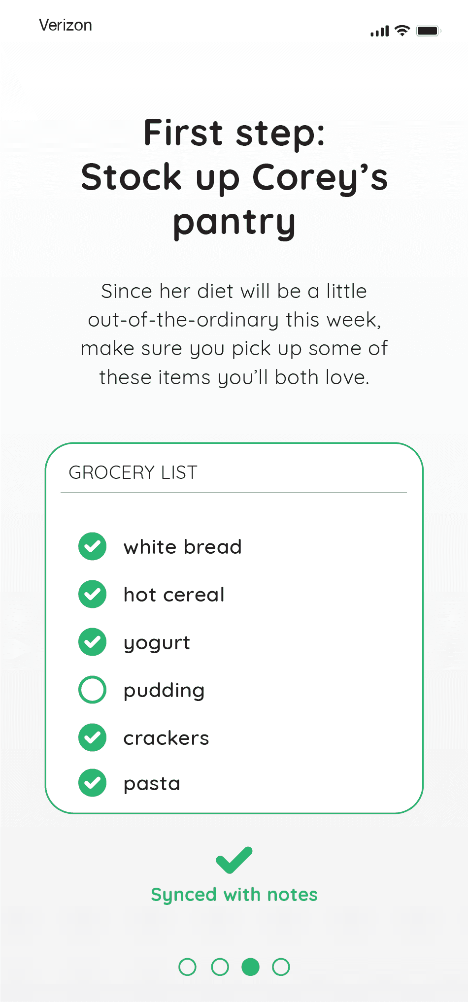 A grocery list screen with items checked off, like white bread and crackers, encouraging the user to stock up for Corey’s needs.
