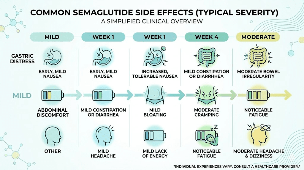 Semaglutide side effects chart showing nausea constipation fatigue and management tips