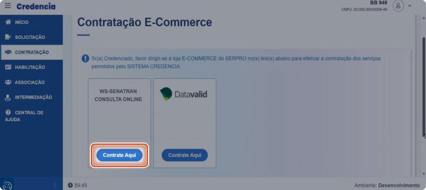 Captura de tela de referência do Credencia para Passo 2 — Contratar o serviço WS-SENATRAN Consulta Online. Contexto: 38 — Contratação com o Serpro.