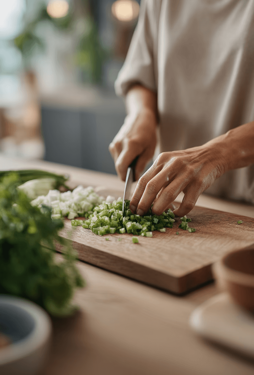 SilentAngels® Betreuerin schneidet frisches Gemüse auf einem Schneidebrett – SilentAngels® Kochunterstützung und Zubereitung gesunder Mahlzeiten.