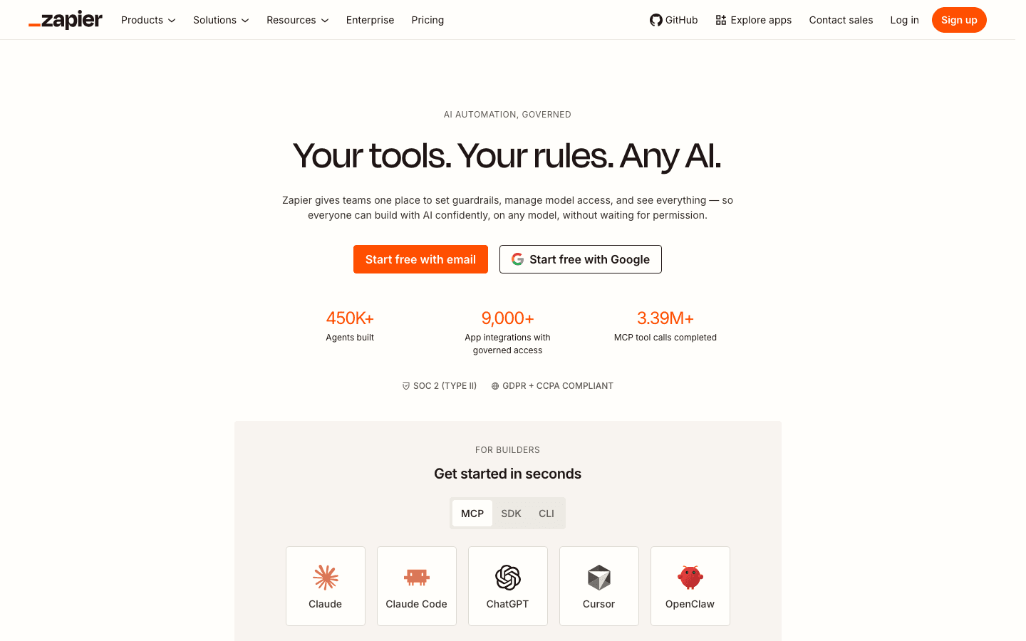 Zapier homepage showing AI automation across apps