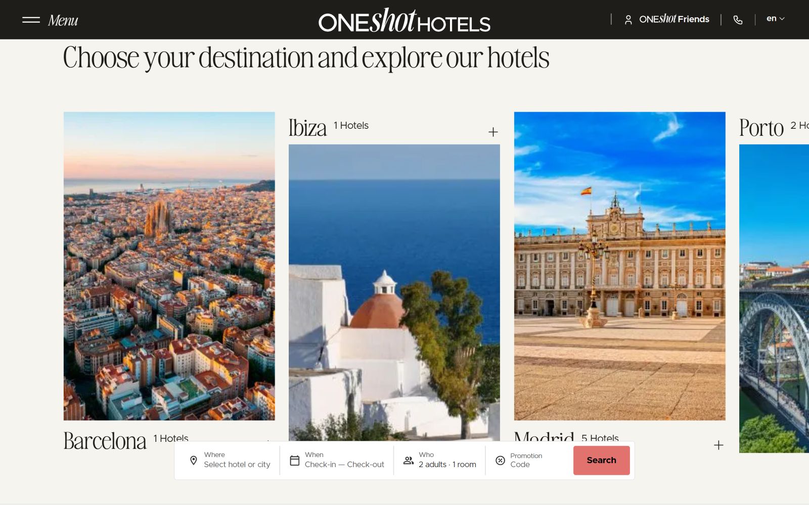 Arial view of Barcelona city, white building in Ibiza, Royal Palace in Madrid, and bridge in Porto. Text: "ONESHOT HOTELS.