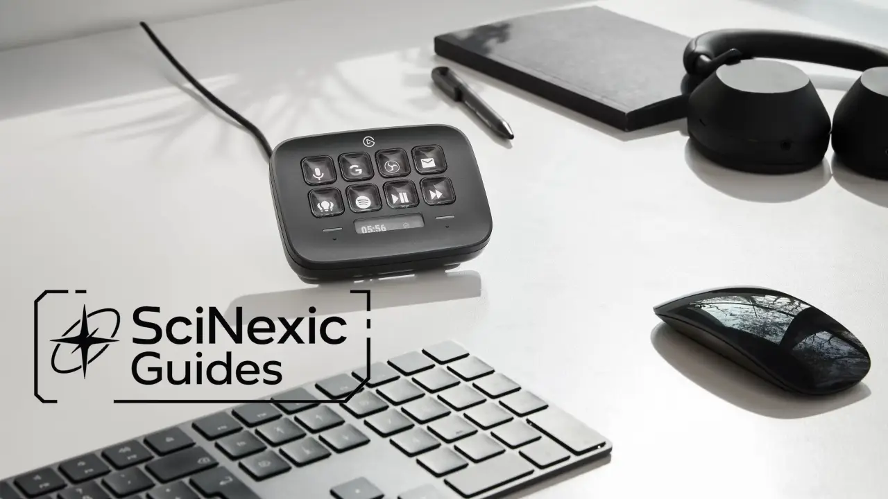 A modern office desk setup featuring a sleek black keyboard, a matching mouse, wireless headphones, and a digital audio mixer, with a closed notebook and pen nearby, alongside the "SciNexic Guides" logo.