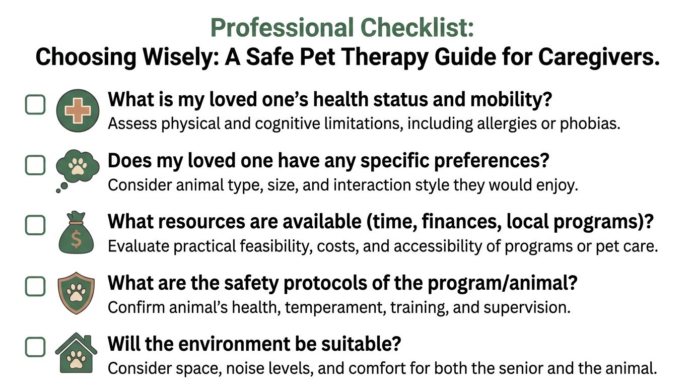 A professional checklist for caregivers outlining five essential safety considerations for choosing pet therapy for seniors.