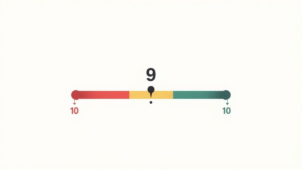 A horizontal bar gauge with red, yellow, and green sections. A pointer indicates '9', with '10' at each end.