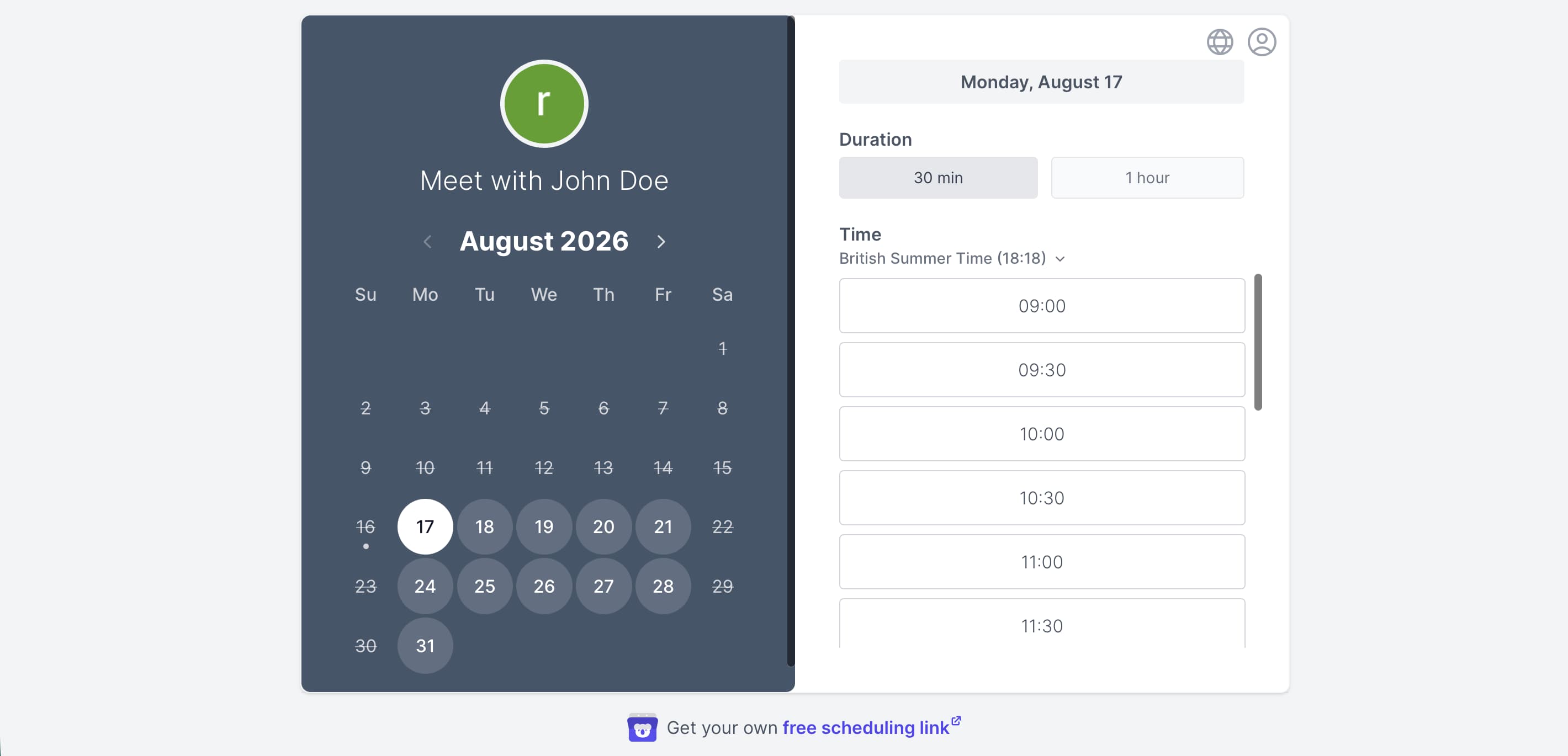 koalendar booking page settings showing calendar view and available meeting time slots