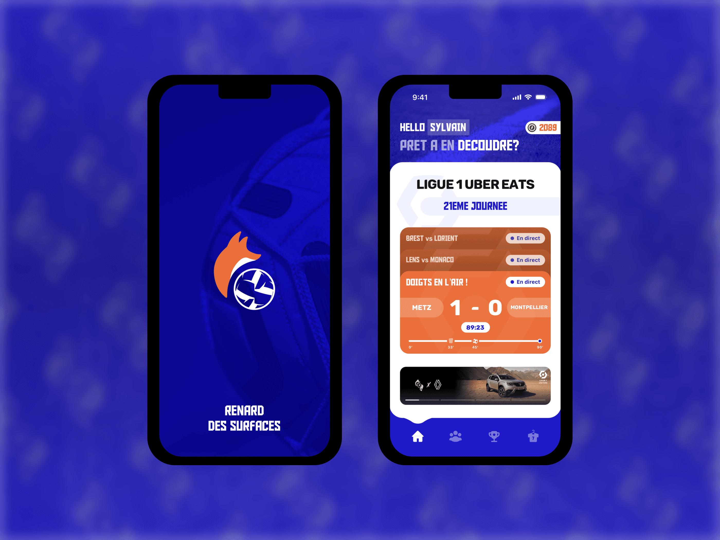 Interface de l'application mobile Renard des Surfaces.