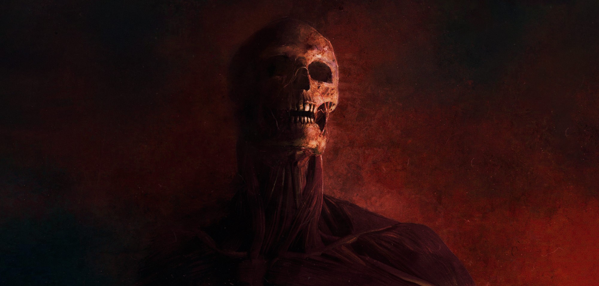 Digital art by Richard Payne in a medieval oil painting style, featuring a demon with a skull face and exposed muscles emerging from red-lit darkness.