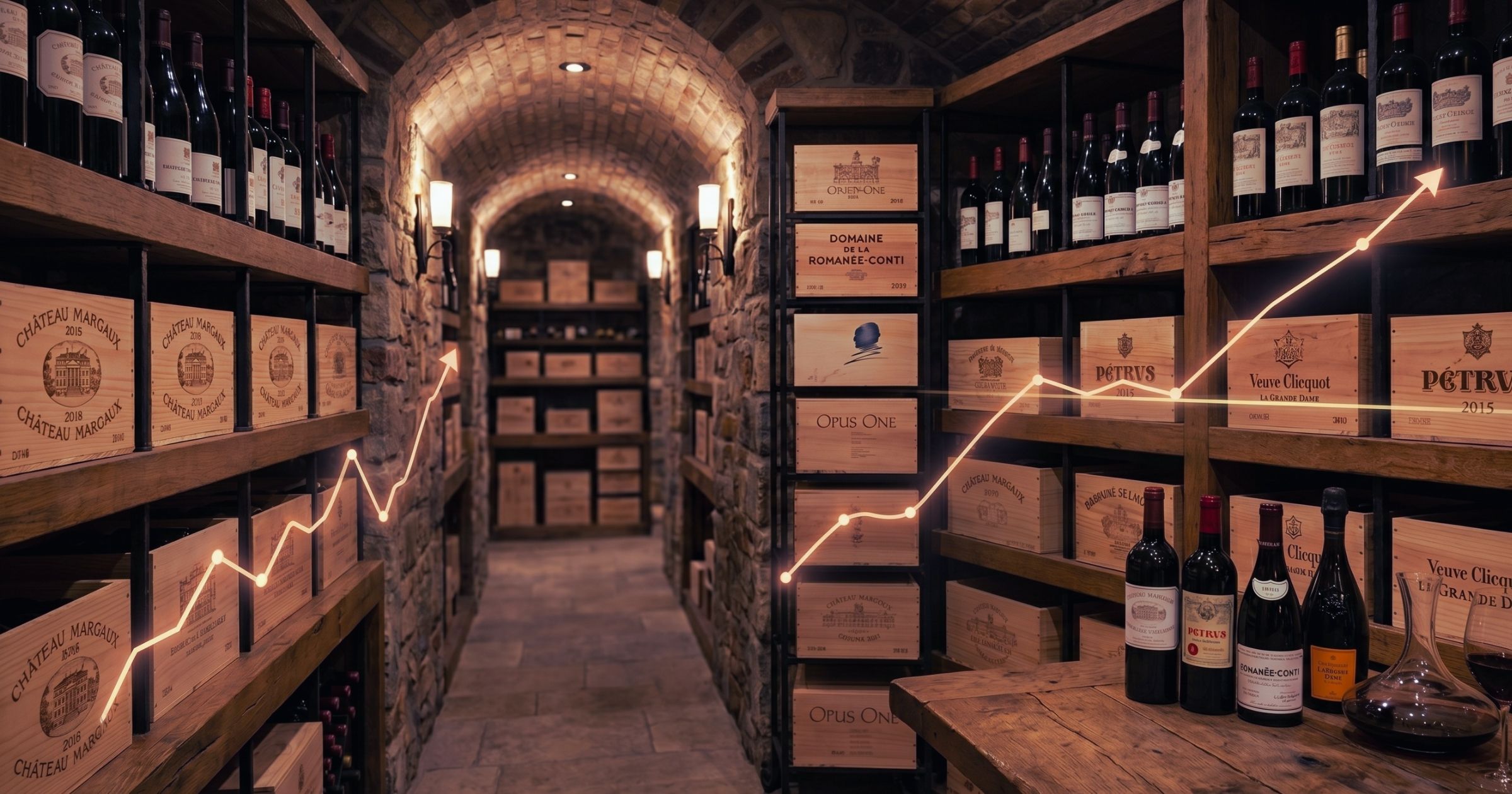 a luxury fine wine cellar with charts overlayed