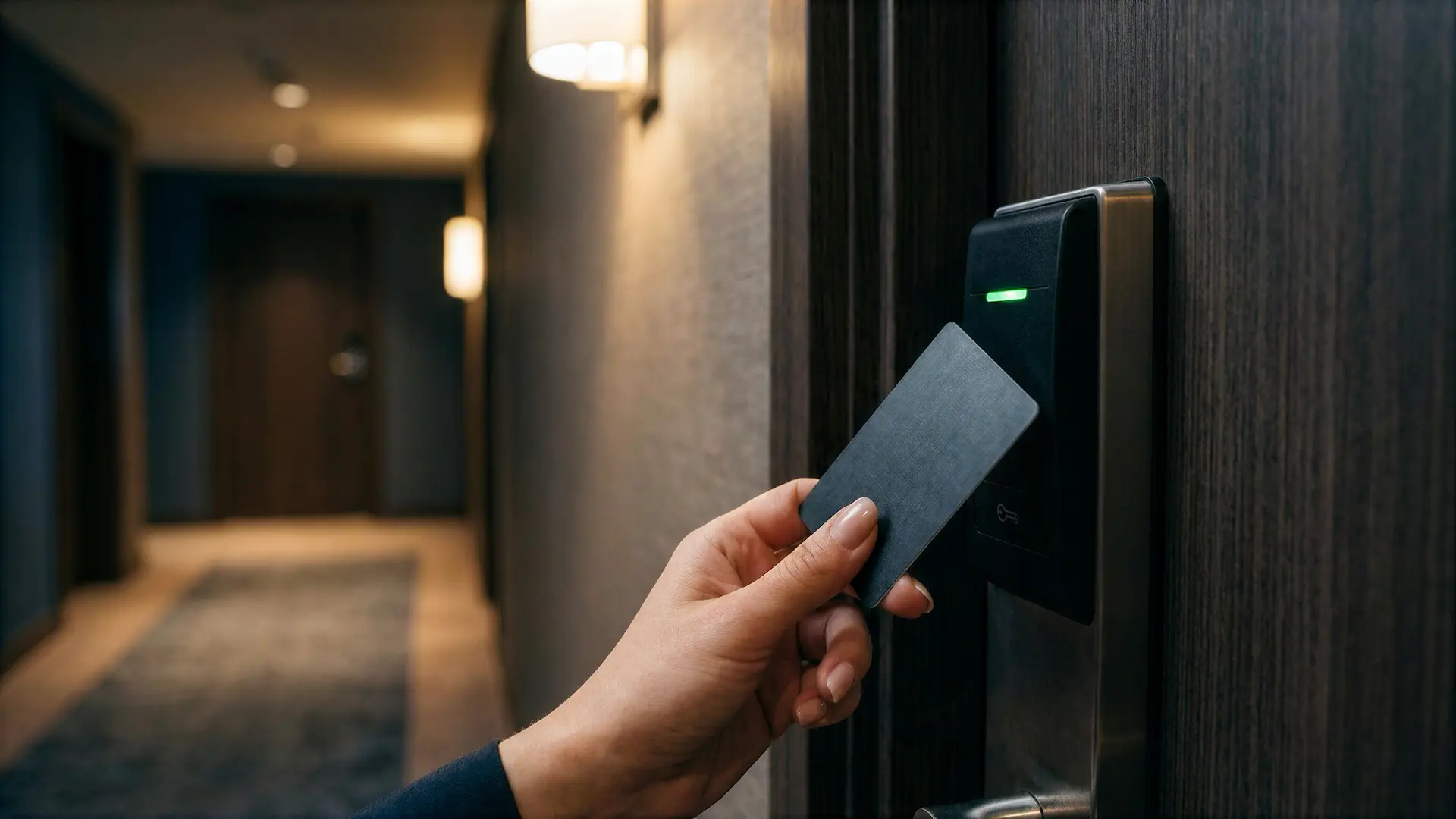 A hand holds a key card to a hotel door's electronic lock; the reader's light glows green.
