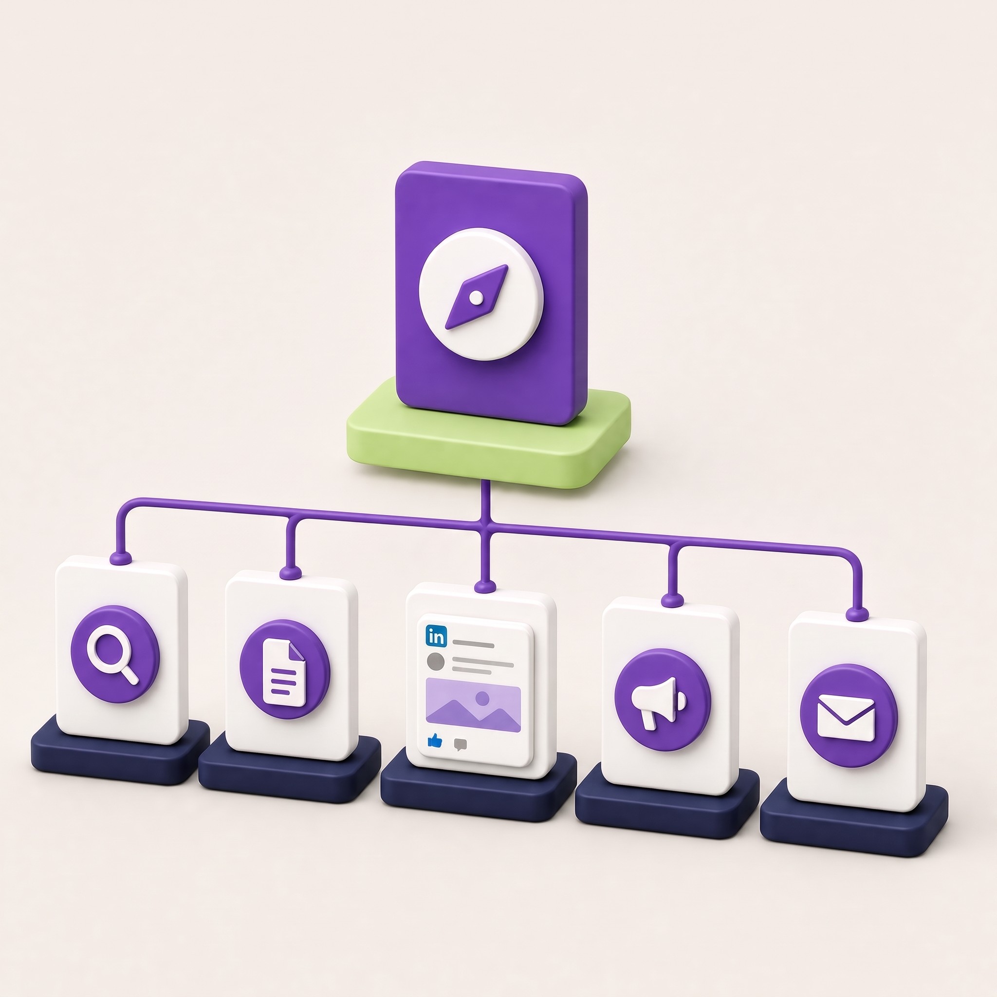 An org chart of agents: a large purple module with a compass on a green base at the top, and five execution modules below with a magnifying glass, a document, a LinkedIn post, a megaphone and an envelope