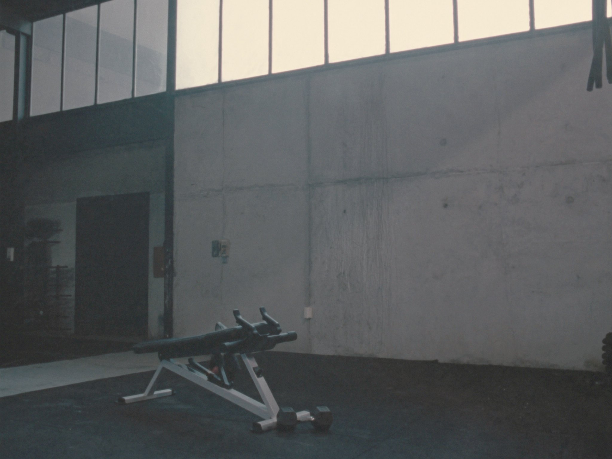 A weight bench and dumbbells beside a tall window in a concrete gym