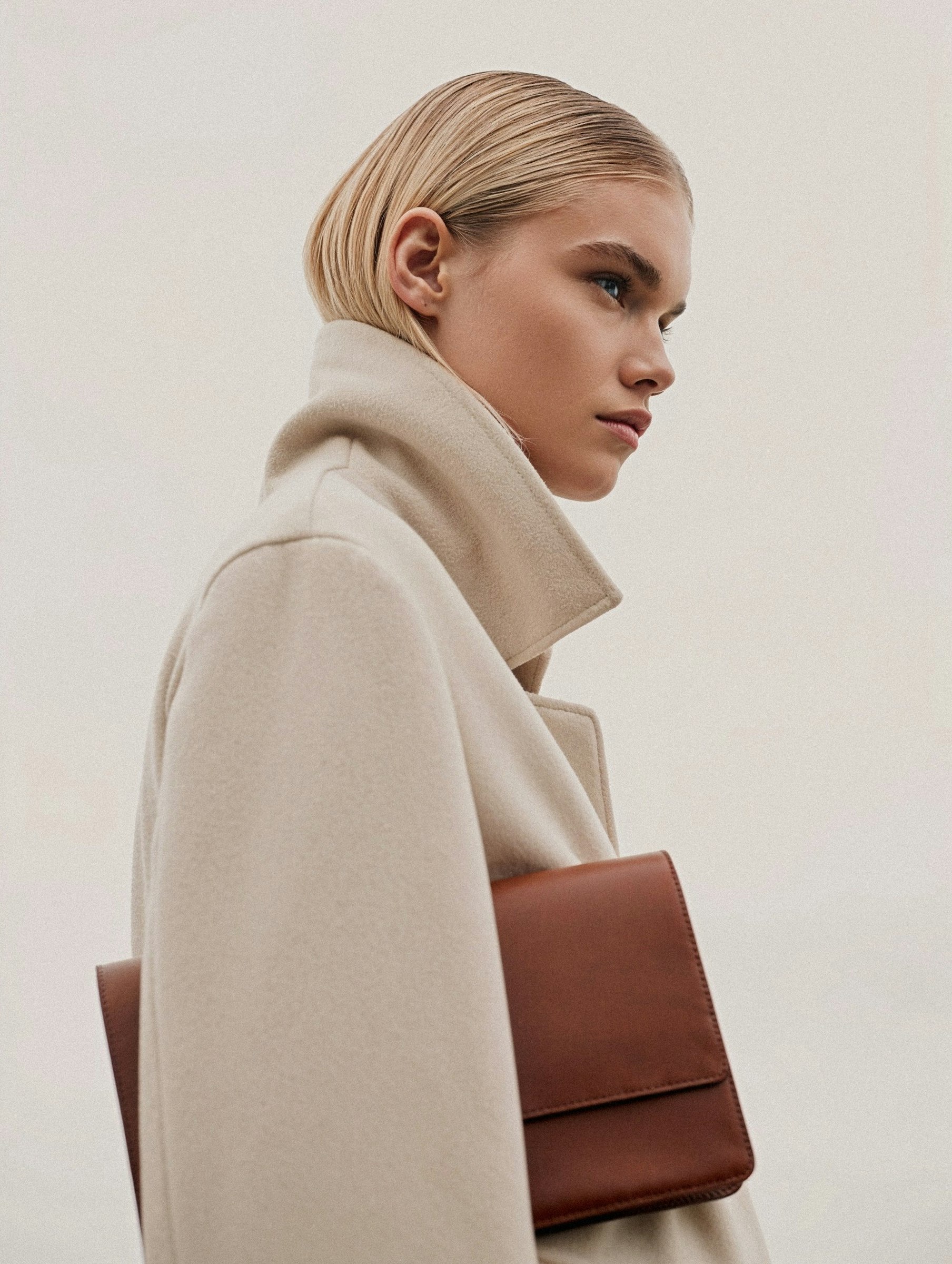 A person wearing a beige overcoat with a high collar, holding a brown leather clutch under the arm, with neatly slicked-back hair, posed against a plain neutral background for a minimalist and sophisticated fashion look.