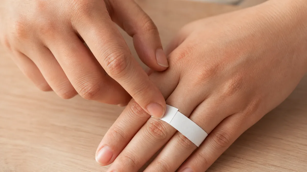 Finger measured at home with a blank paper strip for ring sizing