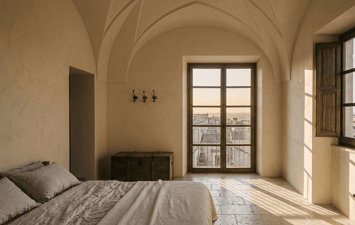 La Torre: a top-floor room under a ribbed vault, with tall glazed doors onto the rooftops