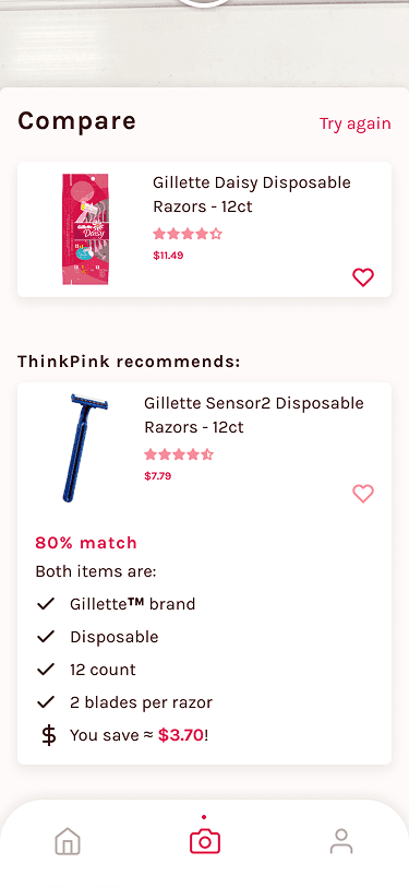 Mockup of the comparison feature on ThinkPink mobile app