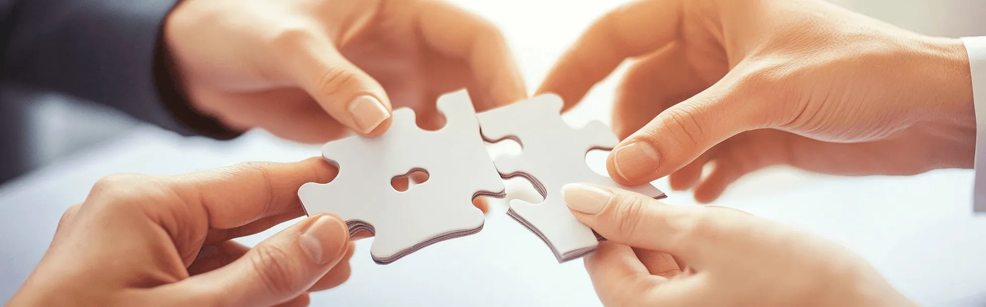 Hands fitting jigsaw together