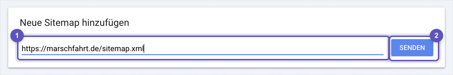 Eingabefeld Neue Sitemap hinzufügen in der Search Console mit einer vollständigen Sitemap-Adresse und der Schaltfläche Senden.