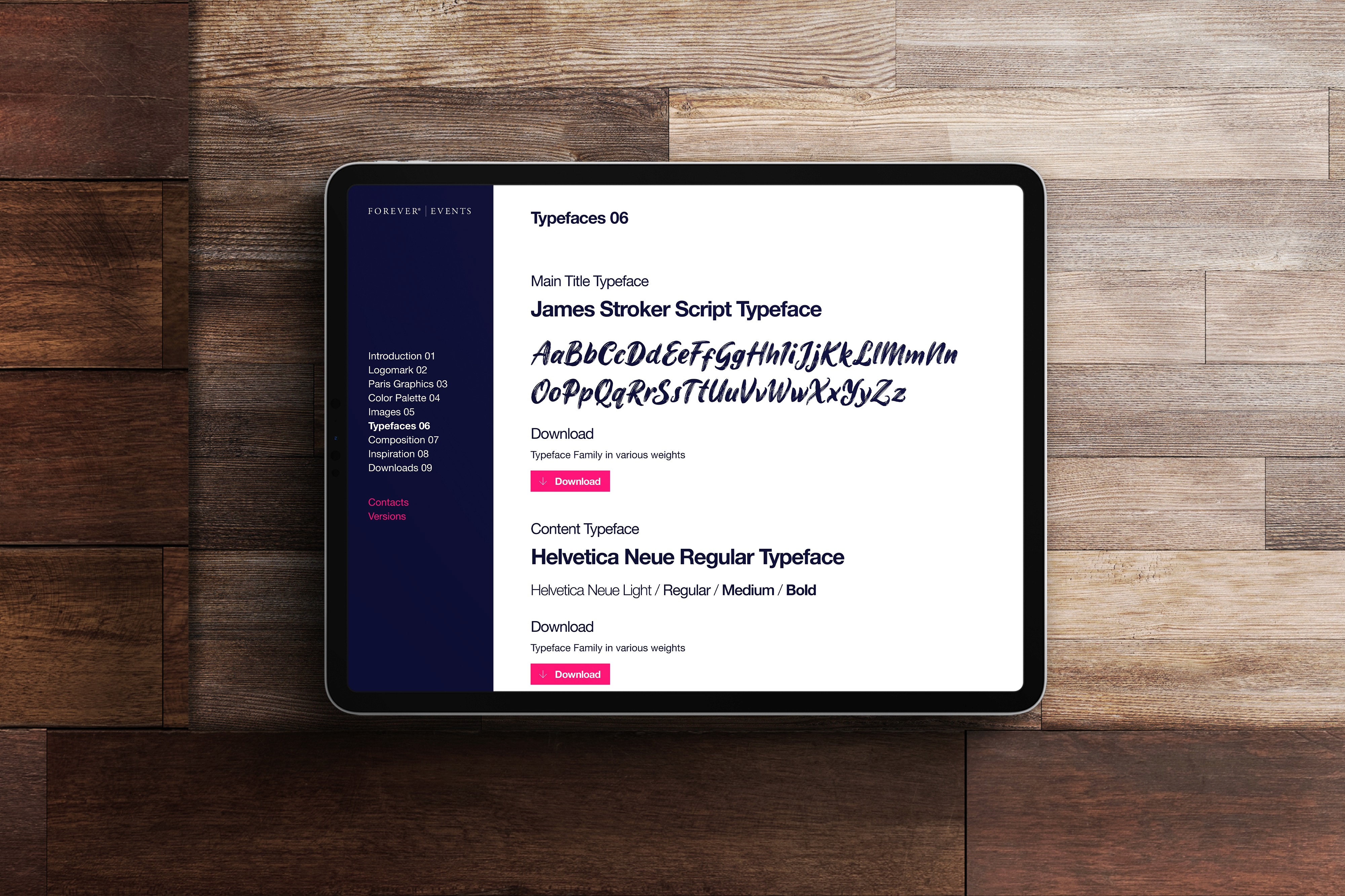 Event style guide set on an iPad on a wooden background