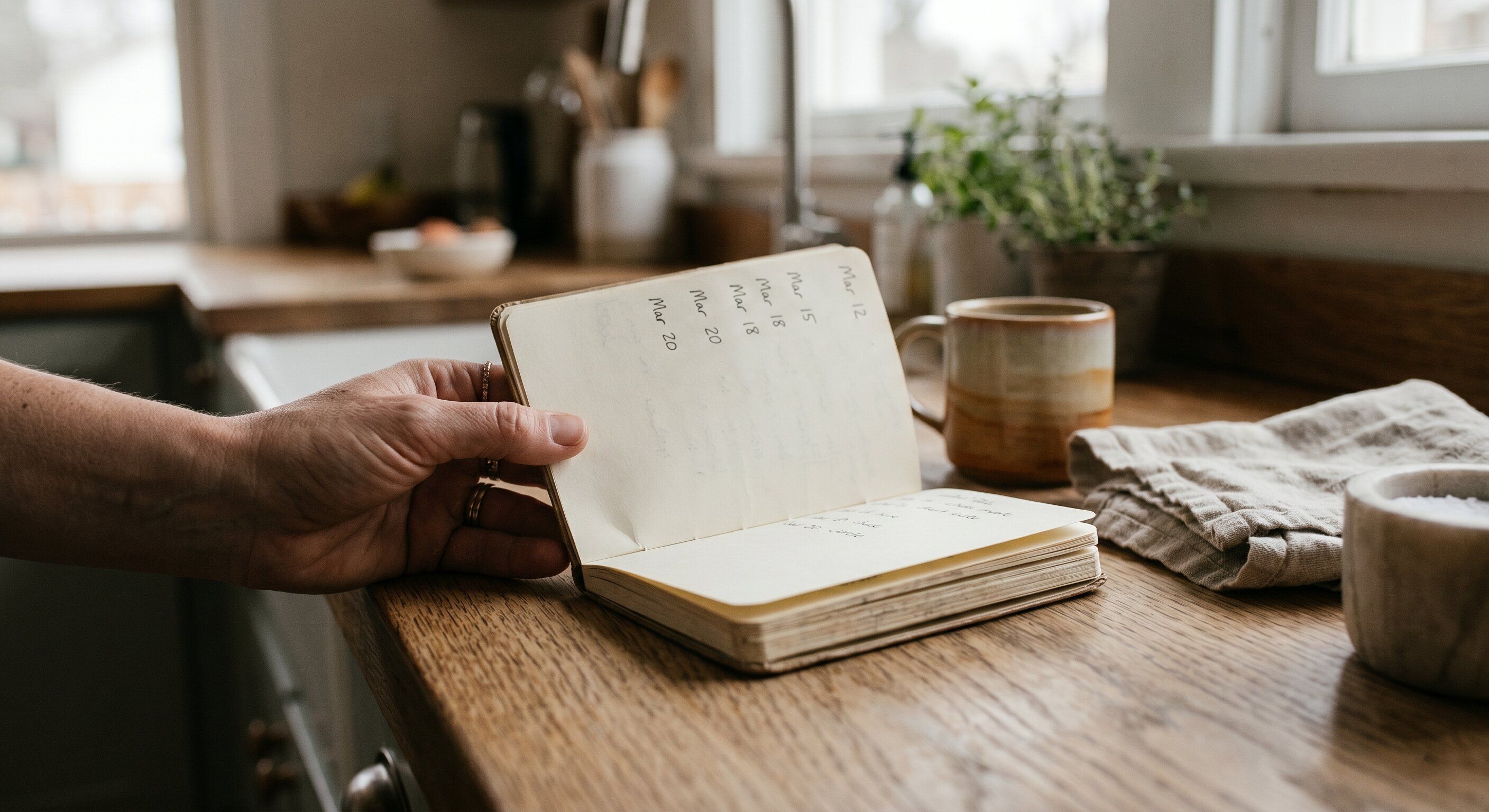 Parent’s hand holding a small notebook with simple observation notes on a kitchen counter in soft daylight — illustrating the daily watching that starts the practice.
