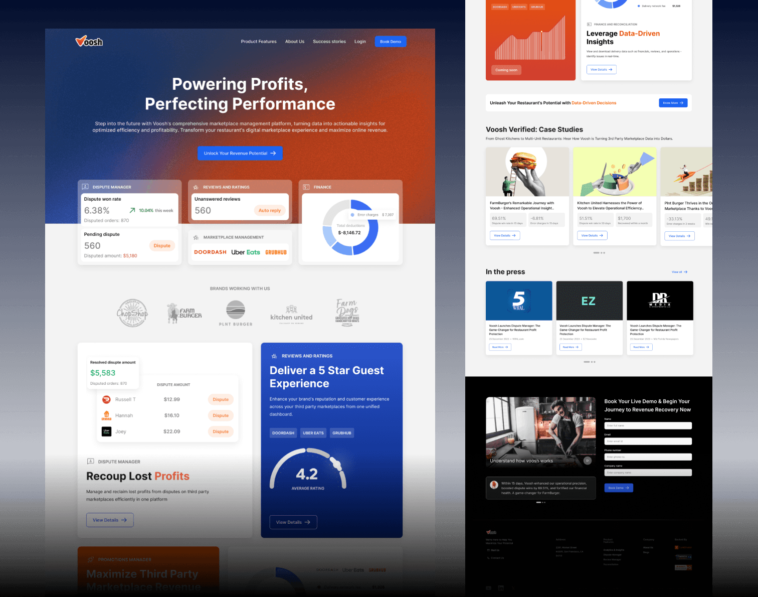 Voosh.ai website design by One Craft, displaying a modern SaaS interface with AI-driven financial metrics, data dashboards, case studies, and booking optimization tools.