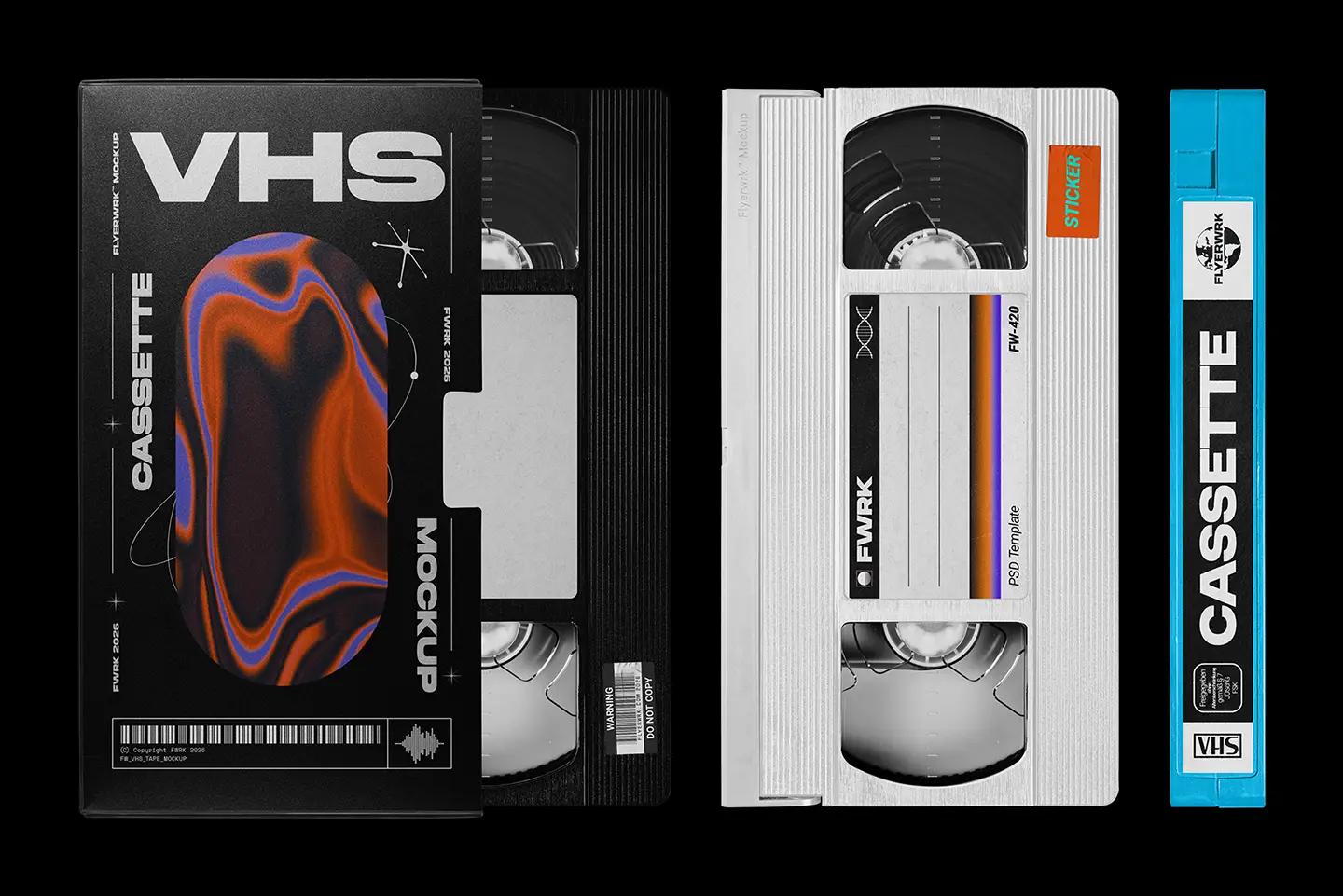 Retro VHS Cassette Mockup featuring a black case, silver tape, and blue side spine view options