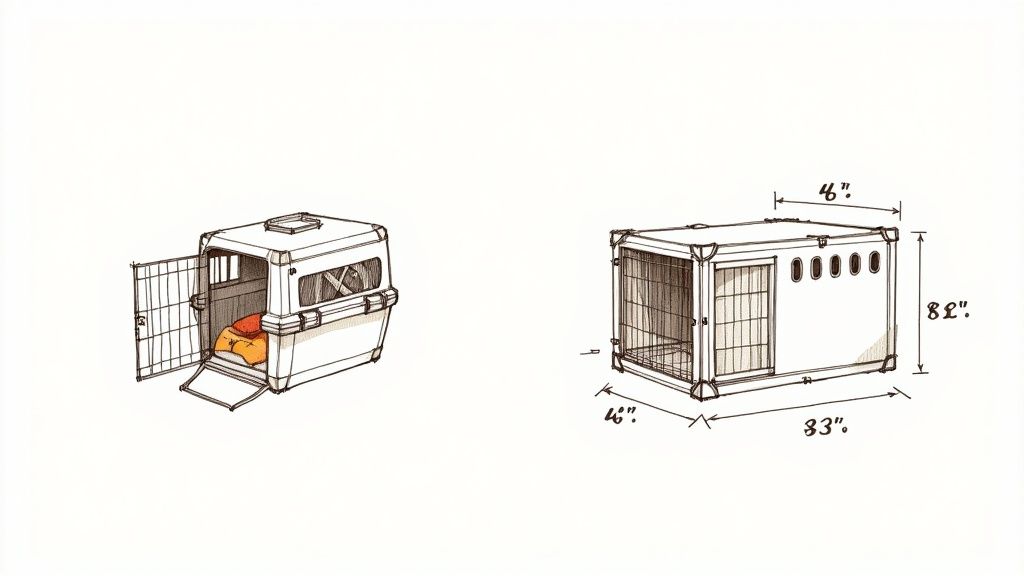 Two illustrated dog crates are shown: a hard-sided carrier with open door and a wire kennel with dimensions.