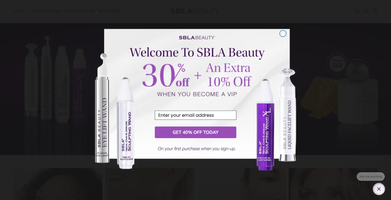 SBLA Beauty exit-intent email popup offering 40% off for VIP email signup with luxury skincare product visuals