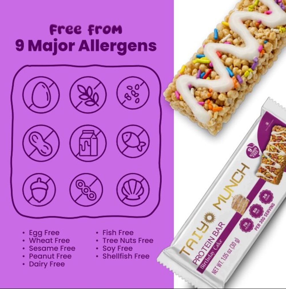 Allergen-free Taiyo Munch Birthday Cake protein bar with top-nine-allergen-free icons and sprinkled rice treat.