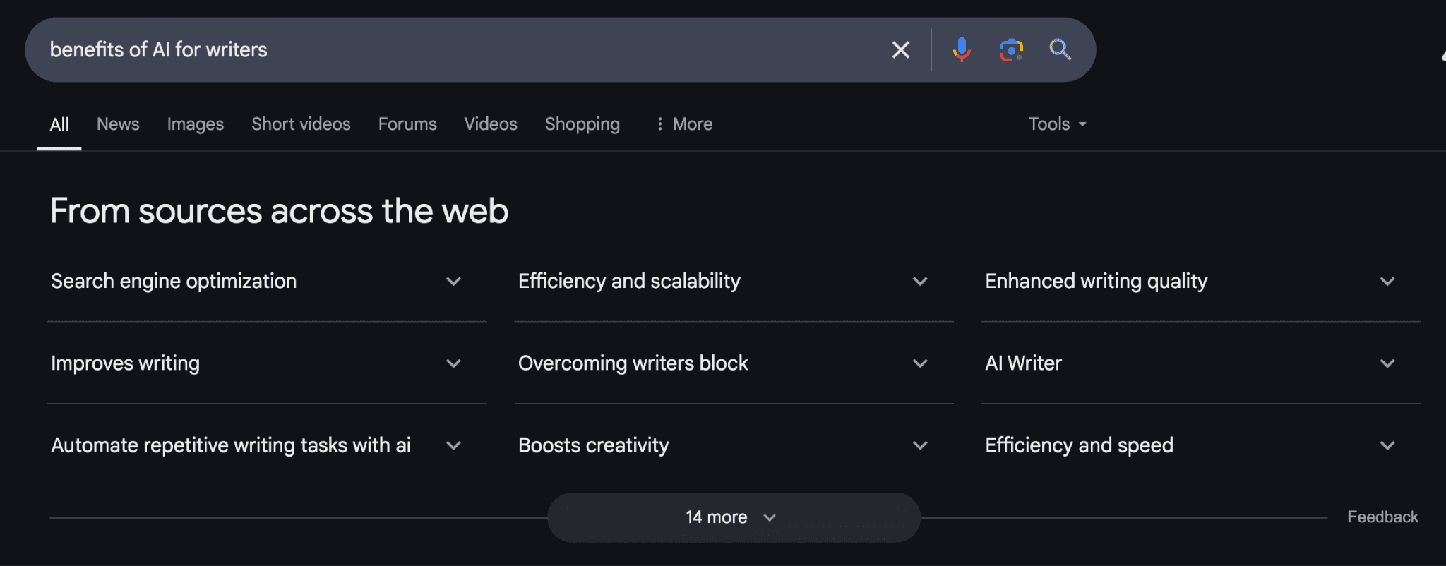 AI Overview for Google search “benefits of AI for writers.