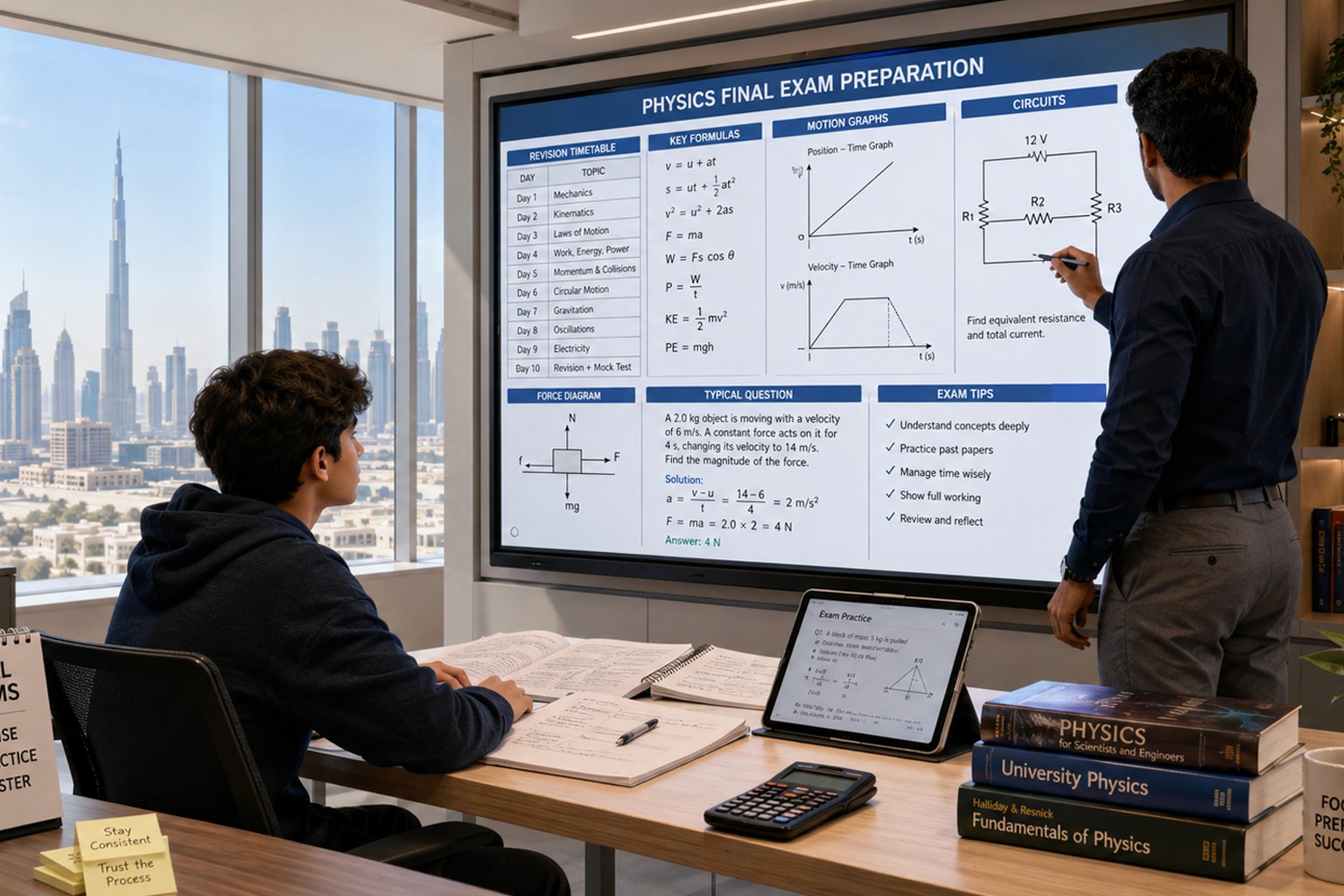 Physics tutor in Dubai helping a student prepare for final exams with formulas, practice questions, and revision tips.