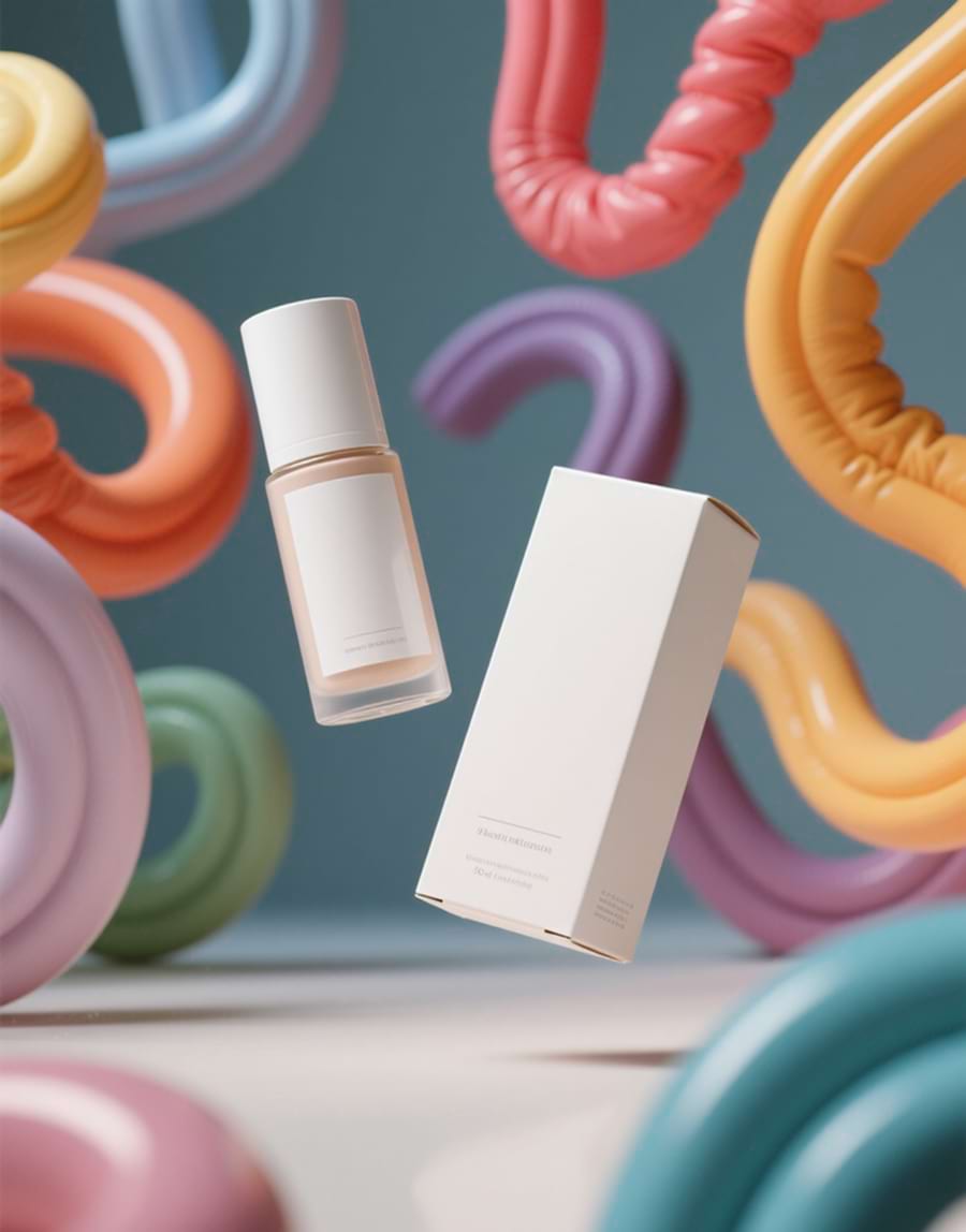 A skincare bottle and matching box float amidst colorful twisted balloons on a blue background, creating a playful, whimsical atmosphere.