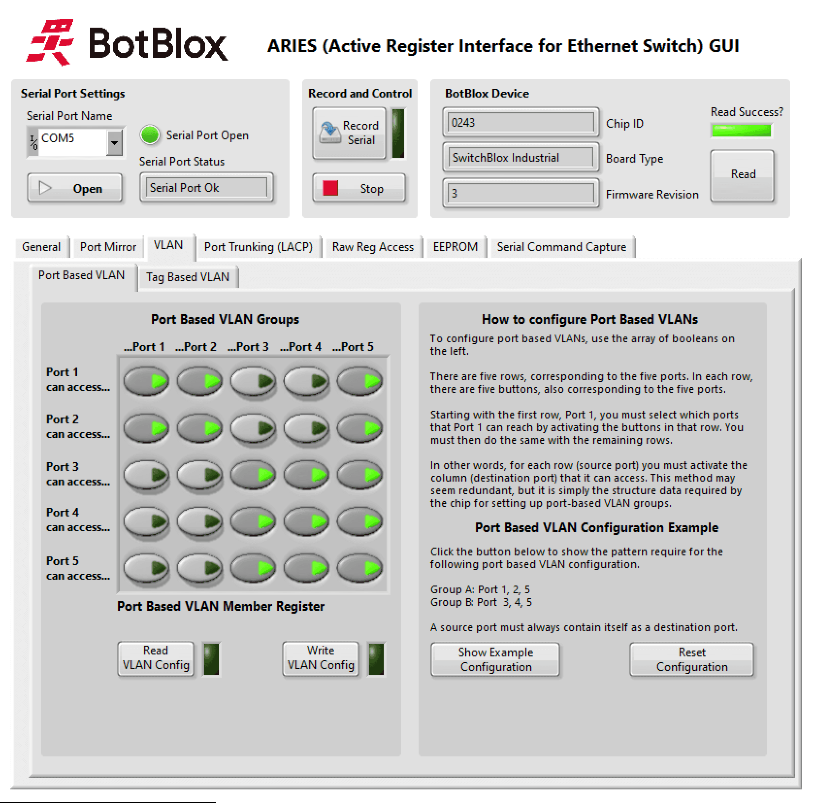ARIES VLAN tab: port-based VLAN group configuration matrix for the five switch ports