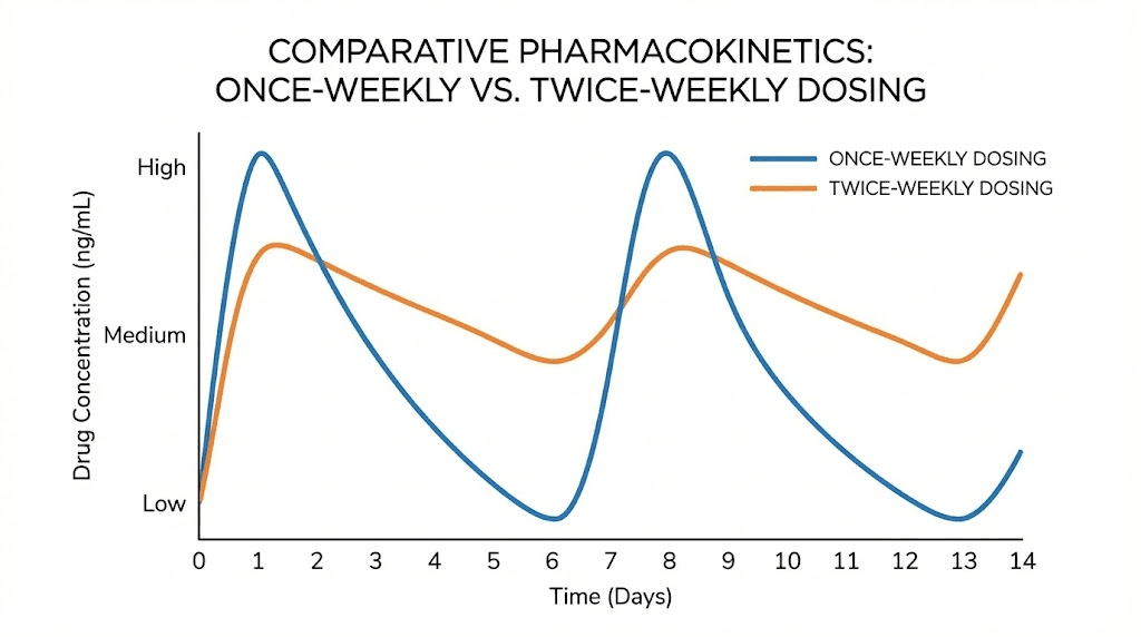 Once-weekly vs twice-weekly tirzepatide blood level comparison chart