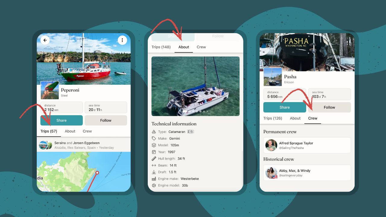 SeaPeople boat profile screens showing vessel trip feeds, technical boat details, sharing options, and permanent and historical crew lists