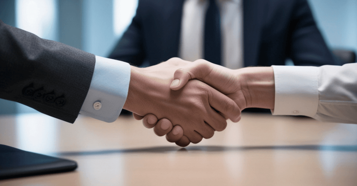 Closeup of two businesspeople shaking hands over a desk.