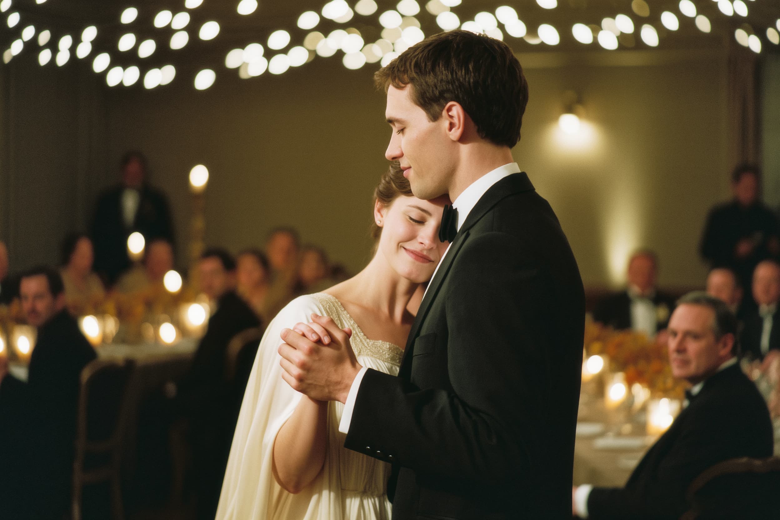 Wedding reception – couple sharing first dance surrounded by candlelight and guests