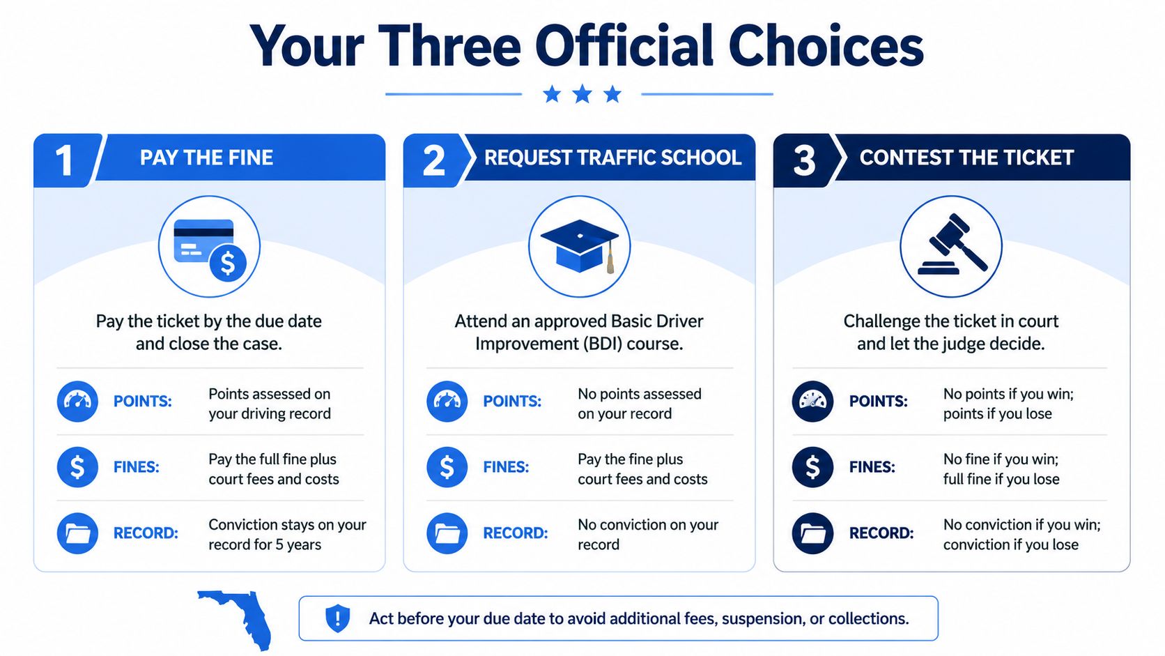 An infographic showing three official choices for handling a Florida traffic ticket: pay, school, or contest.