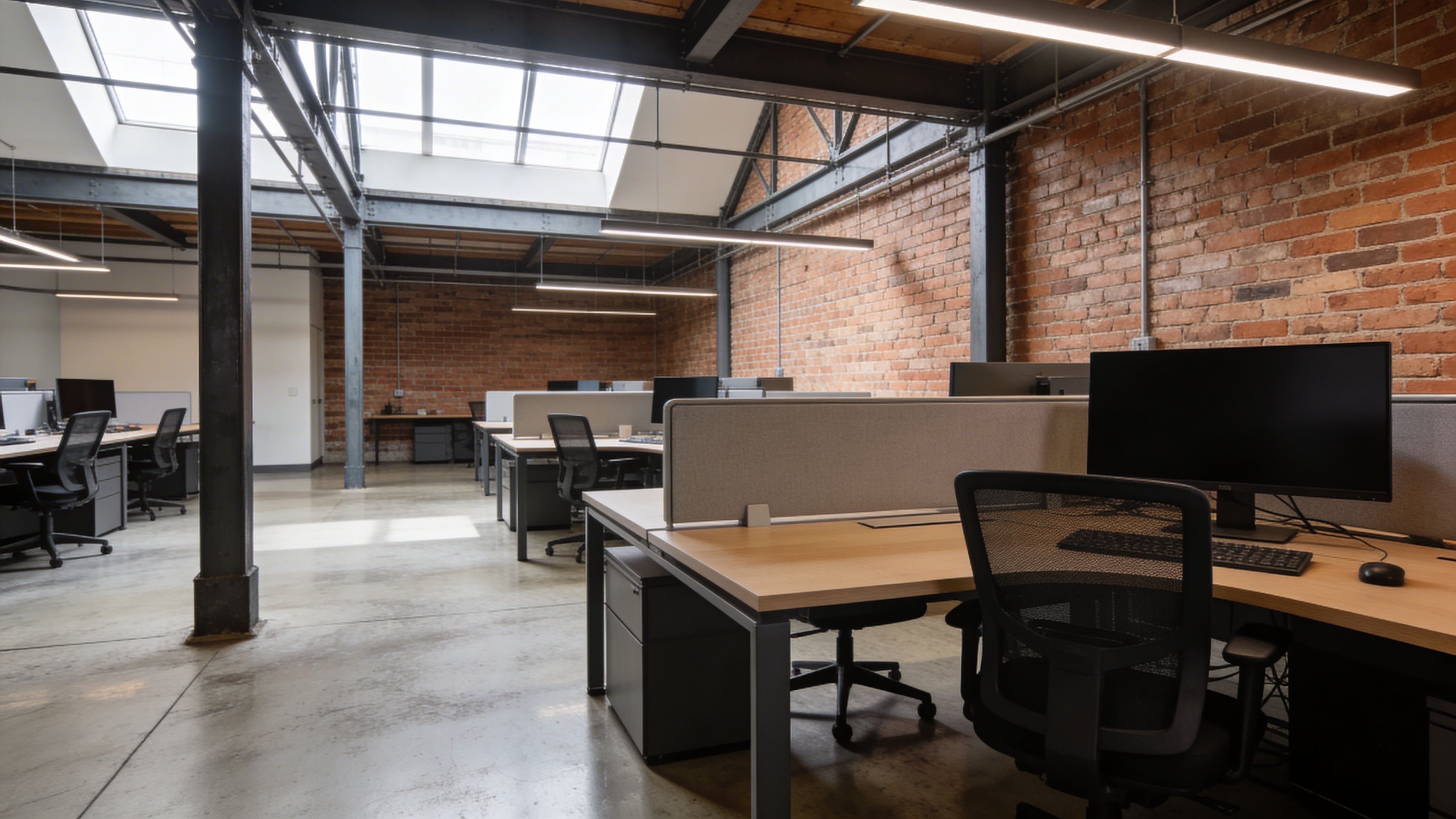 Open-plan office setup inside a converted warehouse with desks, partitions, and industrial lighting