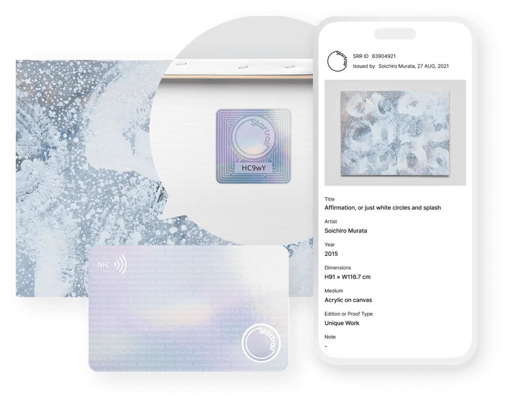 Artwork with an NFC tag and a smartphone displaying verified artwork details