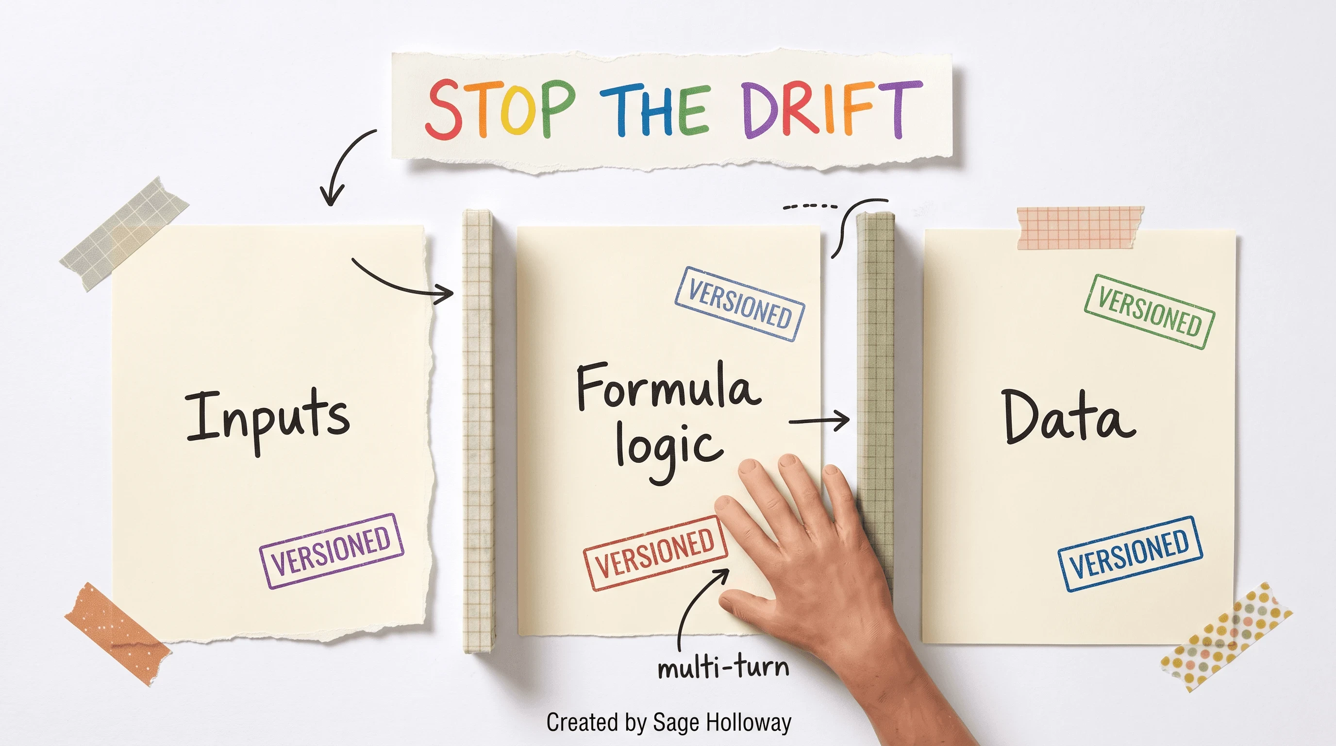 Scrapbook diagram separating inputs, formula logic, and data sheets to stop AI model drift