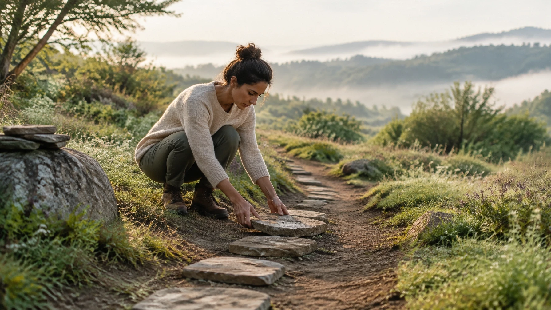 Person arranging simple stepping stones along a peaceful meadow path