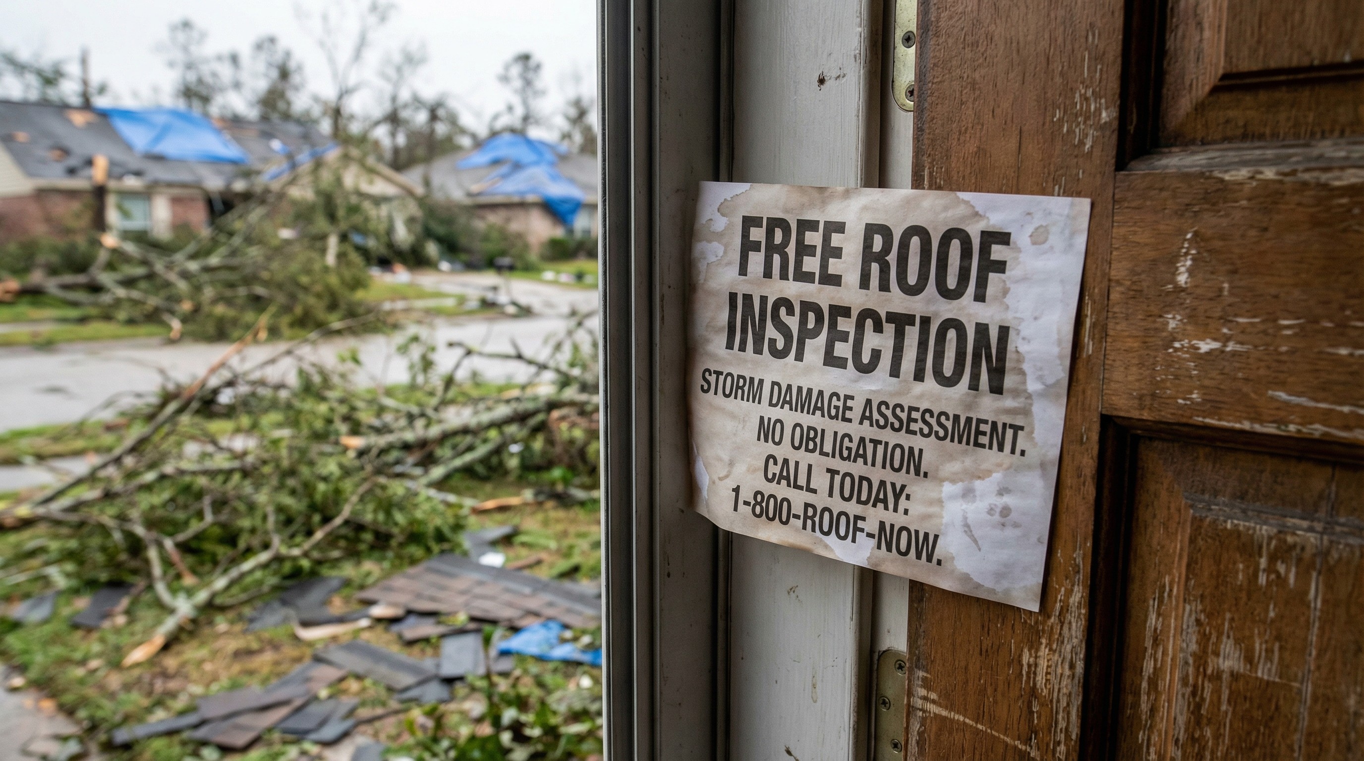 A suspicious contractor knocking on a door after a storm, illustrating a common roofing scam scenario.