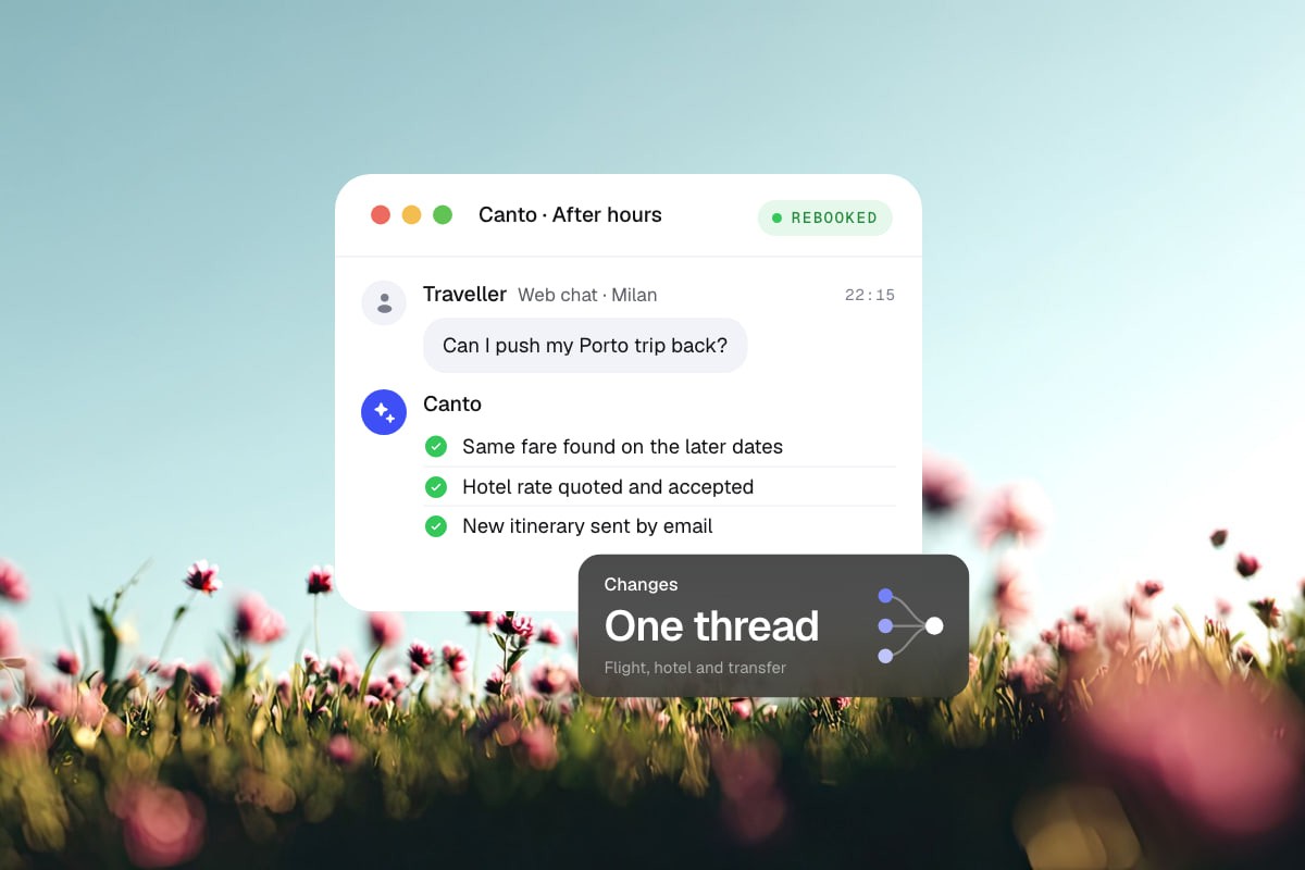 A Canto web chat after hours: a traveler asks to push a Porto trip back, and the agent finds the same fare, quotes the hotel and sends the new itinerary. A card reads Changes: one thread.