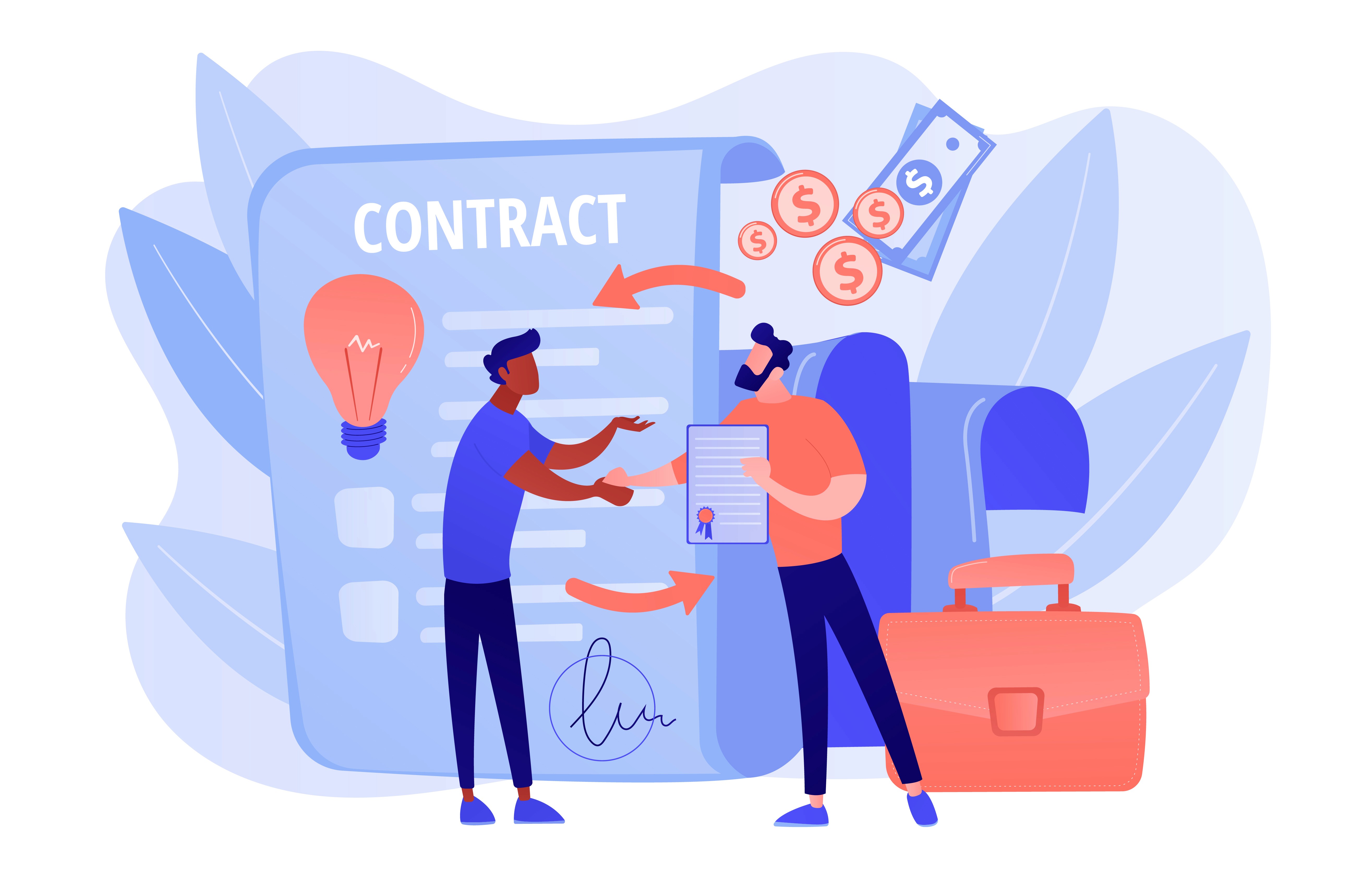 Two people exchanging a signed influencer contract with money icons above, illustrating brand-creator deal negotiation