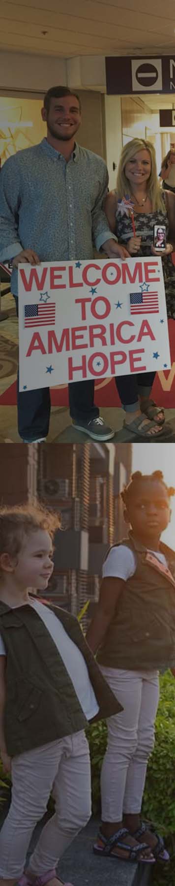 Pinkston family being welcomed at the airport with a sign saying "Welcome to America Hope"; Lauren's daughters at sunset